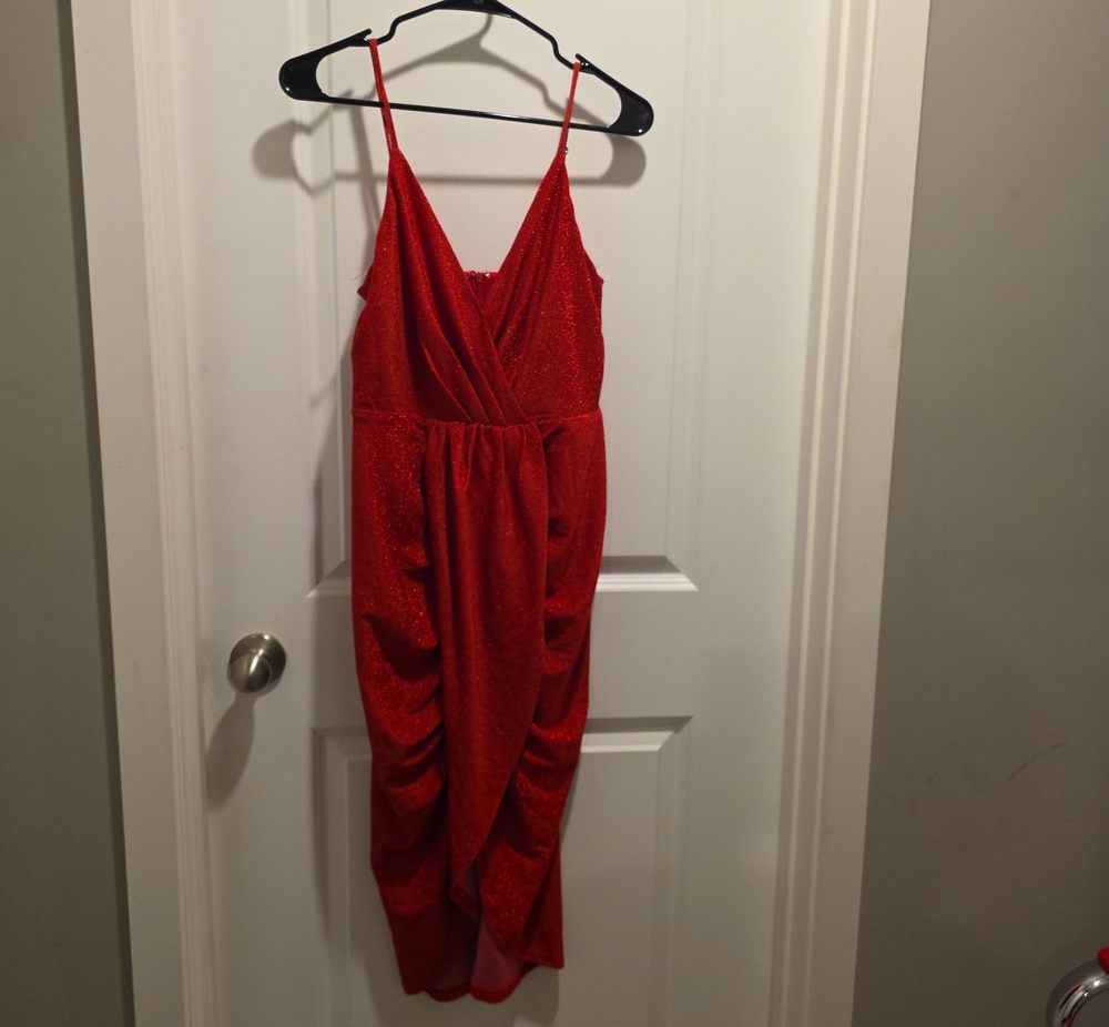 Main Strip Red Sparkle Wrap Midi Dress